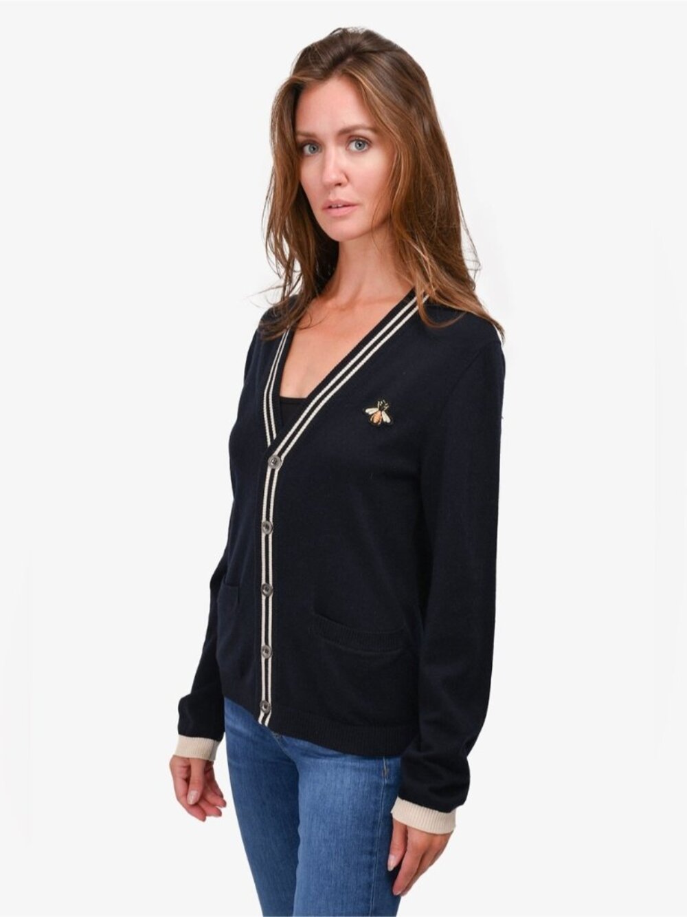 GUCCI NAVY Blue lightweight WOOL knit BEE EMBROIDERED CARDIGAN Jumper sweater M - Picture 3 of 8